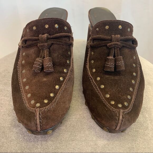 Stuart Weitzman Chocolate Brown Studded Suede Mules clogs size 9.5 - Picture 5 of 11